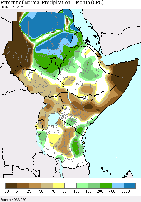 Eastern Africa Percent of Normal Precipitation 1-Month (CPC) Thematic Map For 3/1/2024 - 3/31/2024