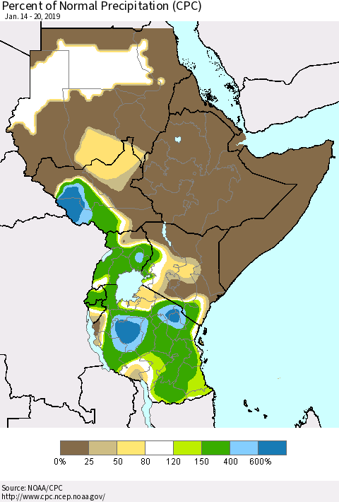 Eastern Africa Percent of Normal Precipitation (CPC) Thematic Map For 1/14/2019 - 1/20/2019