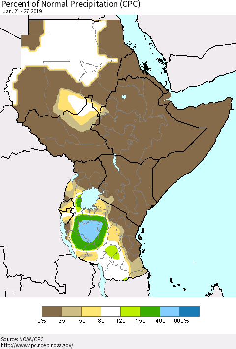 Eastern Africa Percent of Normal Precipitation (CPC) Thematic Map For 1/21/2019 - 1/27/2019