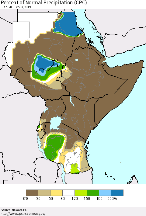 Eastern Africa Percent of Normal Precipitation (CPC) Thematic Map For 1/28/2019 - 2/3/2019