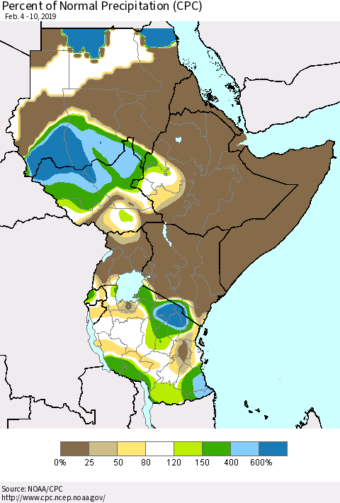 Eastern Africa Percent of Normal Precipitation (CPC) Thematic Map For 2/4/2019 - 2/10/2019