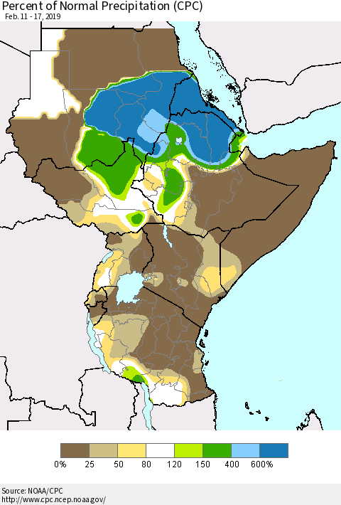 Eastern Africa Percent of Normal Precipitation (CPC) Thematic Map For 2/11/2019 - 2/17/2019