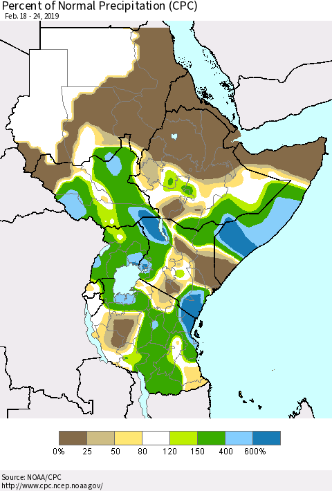 Eastern Africa Percent of Normal Precipitation (CPC) Thematic Map For 2/18/2019 - 2/24/2019