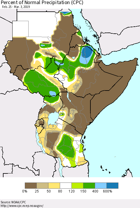 Eastern Africa Percent of Normal Precipitation (CPC) Thematic Map For 2/25/2019 - 3/3/2019