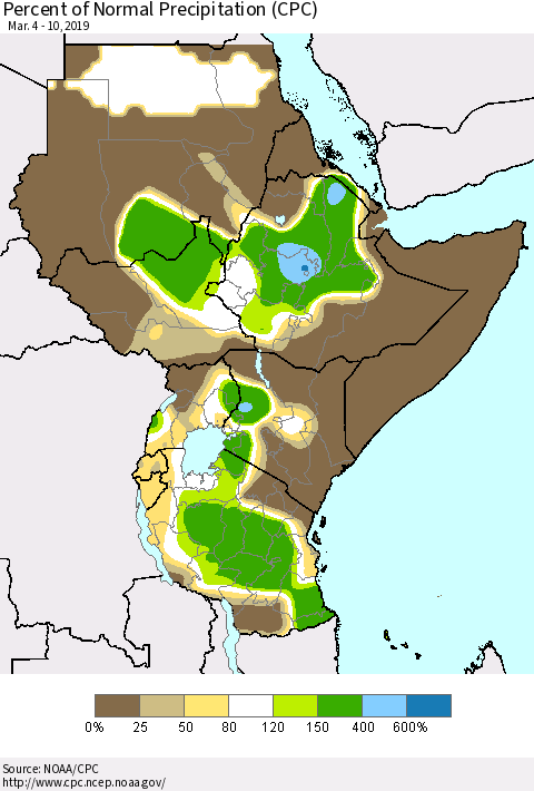 Eastern Africa Percent of Normal Precipitation (CPC) Thematic Map For 3/4/2019 - 3/10/2019