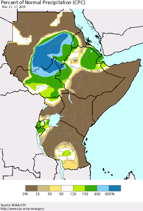 Eastern Africa Percent of Normal Precipitation (CPC) Thematic Map For 3/11/2019 - 3/17/2019