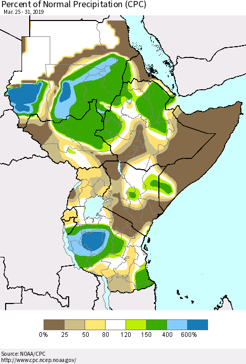 Eastern Africa Percent of Normal Precipitation (CPC) Thematic Map For 3/25/2019 - 3/31/2019