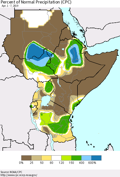 Eastern Africa Percent of Normal Precipitation (CPC) Thematic Map For 4/1/2019 - 4/7/2019