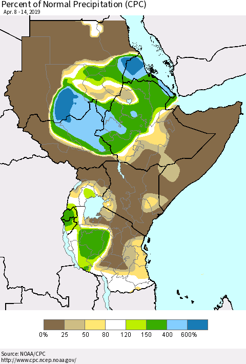 Eastern Africa Percent of Normal Precipitation (CPC) Thematic Map For 4/8/2019 - 4/14/2019