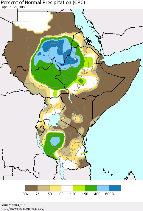 Eastern Africa Percent of Normal Precipitation (CPC) Thematic Map For 4/15/2019 - 4/21/2019
