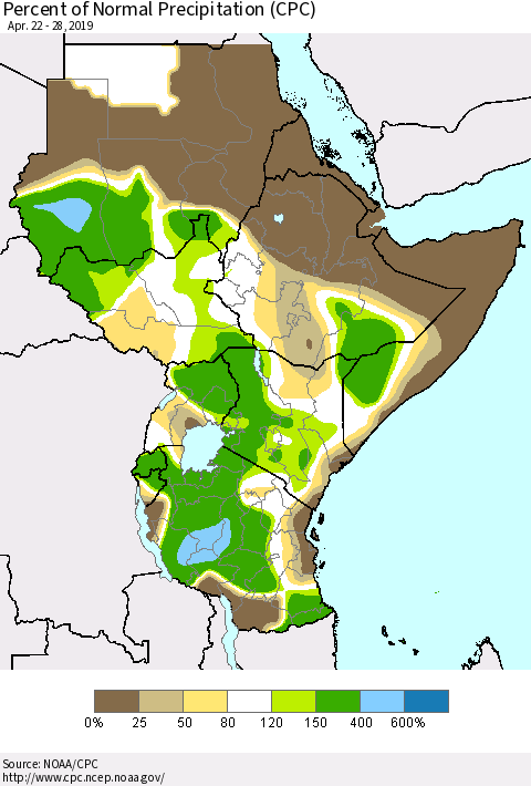 Eastern Africa Percent of Normal Precipitation (CPC) Thematic Map For 4/22/2019 - 4/28/2019