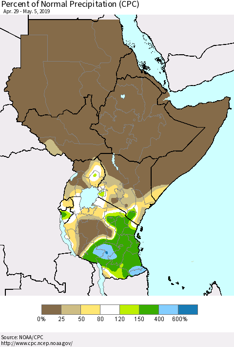Eastern Africa Percent of Normal Precipitation (CPC) Thematic Map For 4/29/2019 - 5/5/2019