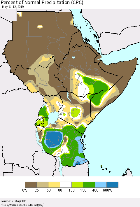 Eastern Africa Percent of Normal Precipitation (CPC) Thematic Map For 5/6/2019 - 5/12/2019