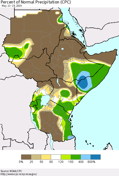 Eastern Africa Percent of Normal Precipitation (CPC) Thematic Map For 5/13/2019 - 5/19/2019