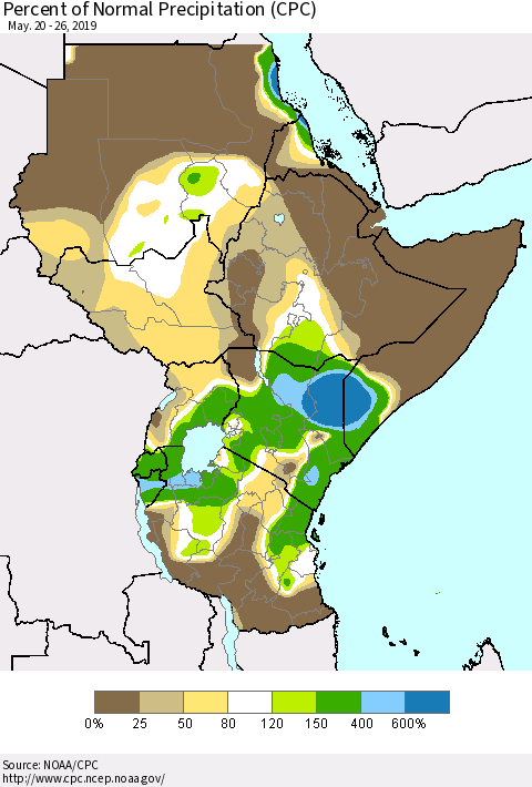 Eastern Africa Percent of Normal Precipitation (CPC) Thematic Map For 5/20/2019 - 5/26/2019