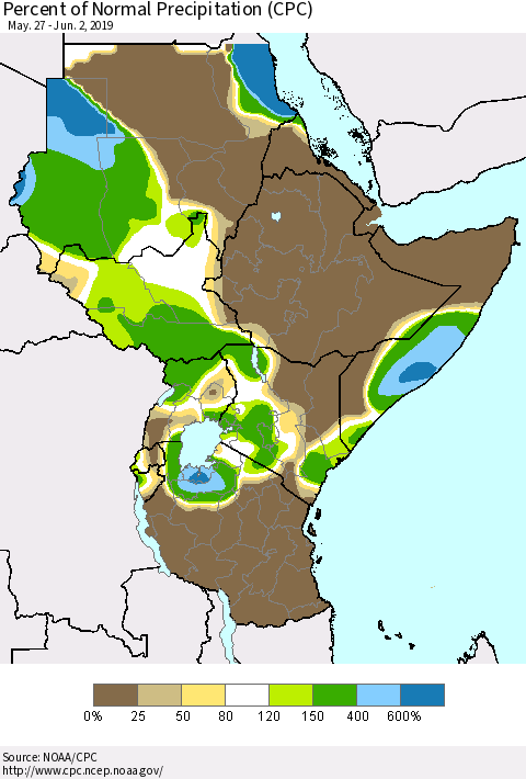 Eastern Africa Percent of Normal Precipitation (CPC) Thematic Map For 5/27/2019 - 6/2/2019