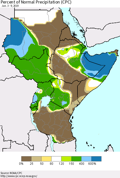 Eastern Africa Percent of Normal Precipitation (CPC) Thematic Map For 6/3/2019 - 6/9/2019