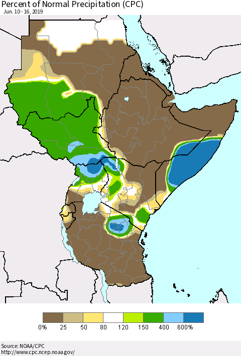 Eastern Africa Percent of Normal Precipitation (CPC) Thematic Map For 6/10/2019 - 6/16/2019