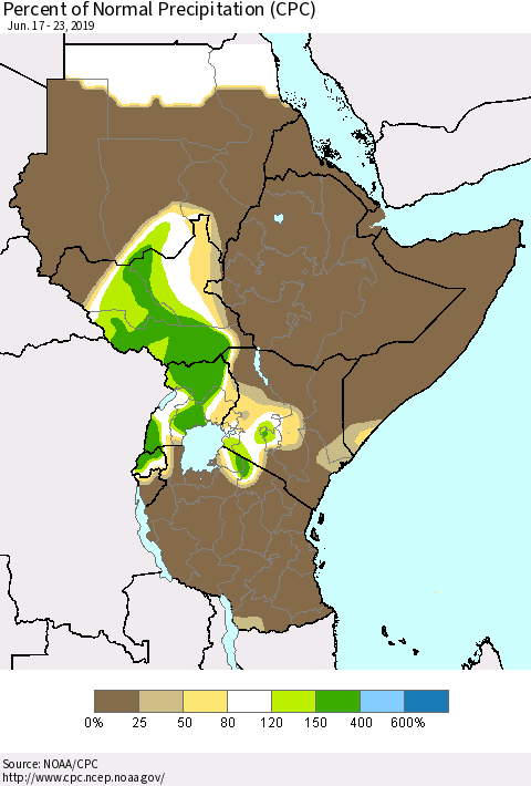 Eastern Africa Percent of Normal Precipitation (CPC) Thematic Map For 6/17/2019 - 6/23/2019