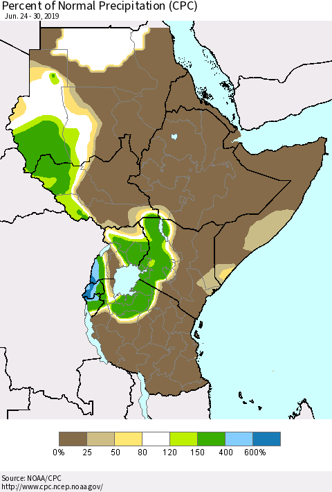 Eastern Africa Percent of Normal Precipitation (CPC) Thematic Map For 6/24/2019 - 6/30/2019