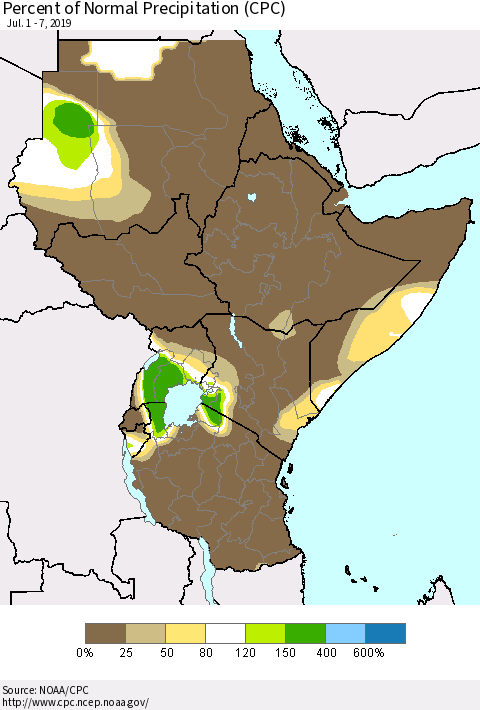 Eastern Africa Percent of Normal Precipitation (CPC) Thematic Map For 7/1/2019 - 7/7/2019