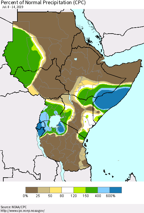 Eastern Africa Percent of Normal Precipitation (CPC) Thematic Map For 7/8/2019 - 7/14/2019