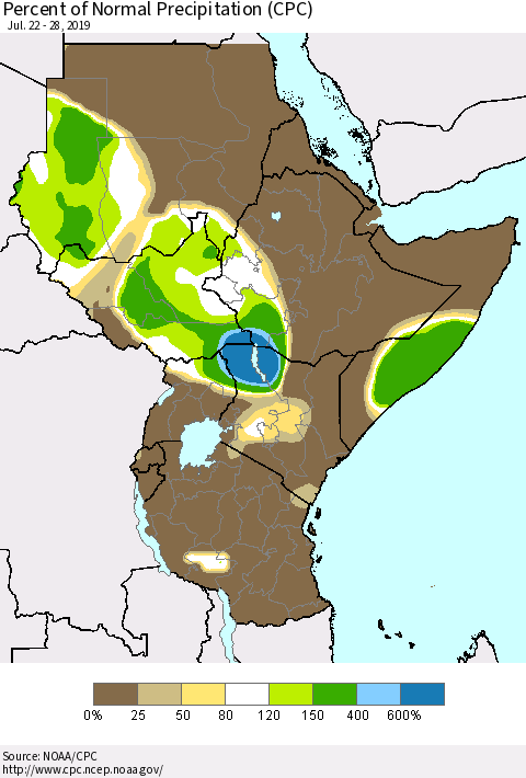 Eastern Africa Percent of Normal Precipitation (CPC) Thematic Map For 7/22/2019 - 7/28/2019