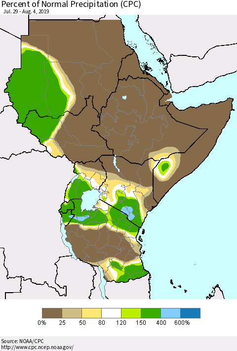 Eastern Africa Percent of Normal Precipitation (CPC) Thematic Map For 7/29/2019 - 8/4/2019