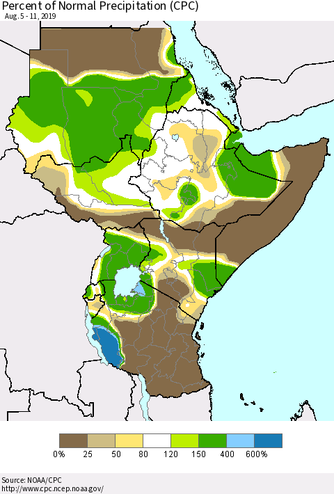 Eastern Africa Percent of Normal Precipitation (CPC) Thematic Map For 8/5/2019 - 8/11/2019