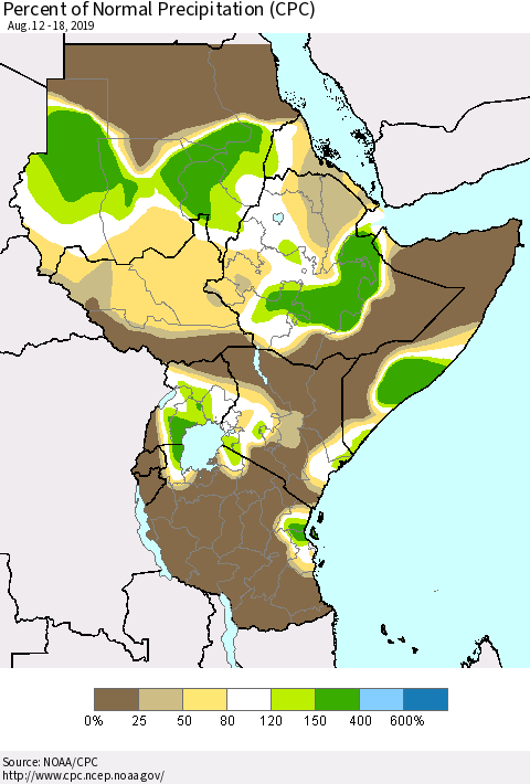 Eastern Africa Percent of Normal Precipitation (CPC) Thematic Map For 8/12/2019 - 8/18/2019