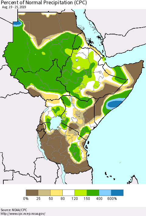 Eastern Africa Percent of Normal Precipitation (CPC) Thematic Map For 8/19/2019 - 8/25/2019