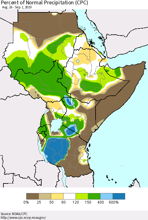 Eastern Africa Percent of Normal Precipitation (CPC) Thematic Map For 8/26/2019 - 9/1/2019