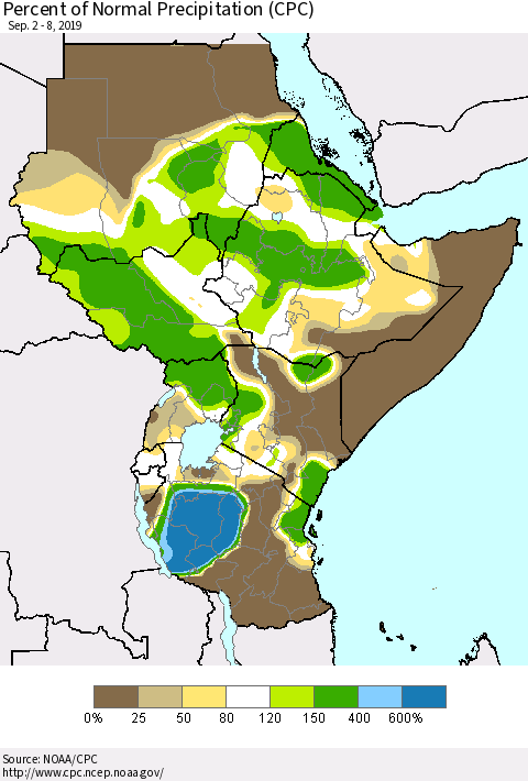Eastern Africa Percent of Normal Precipitation (CPC) Thematic Map For 9/2/2019 - 9/8/2019
