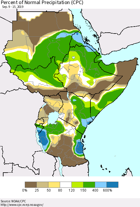 Eastern Africa Percent of Normal Precipitation (CPC) Thematic Map For 9/9/2019 - 9/15/2019