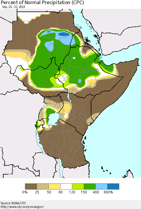 Eastern Africa Percent of Normal Precipitation (CPC) Thematic Map For 9/16/2019 - 9/22/2019