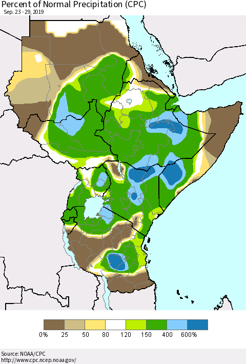 Eastern Africa Percent of Normal Precipitation (CPC) Thematic Map For 9/23/2019 - 9/29/2019