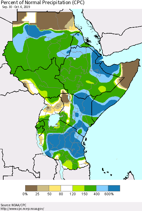 Eastern Africa Percent of Normal Precipitation (CPC) Thematic Map For 9/30/2019 - 10/6/2019