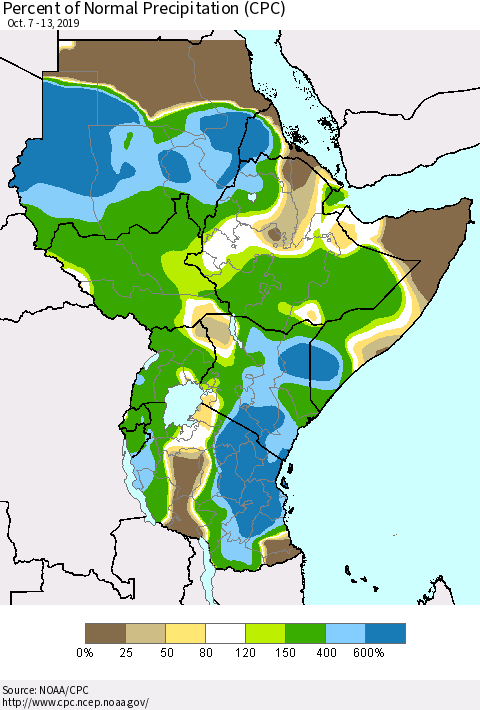 Eastern Africa Percent of Normal Precipitation (CPC) Thematic Map For 10/7/2019 - 10/13/2019