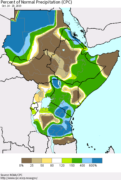Eastern Africa Percent of Normal Precipitation (CPC) Thematic Map For 10/14/2019 - 10/20/2019