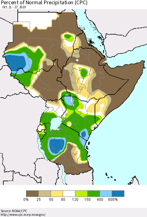 Eastern Africa Percent of Normal Precipitation (CPC) Thematic Map For 10/21/2019 - 10/27/2019