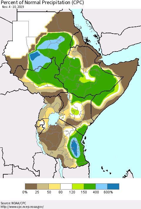 Eastern Africa Percent of Normal Precipitation (CPC) Thematic Map For 11/4/2019 - 11/10/2019