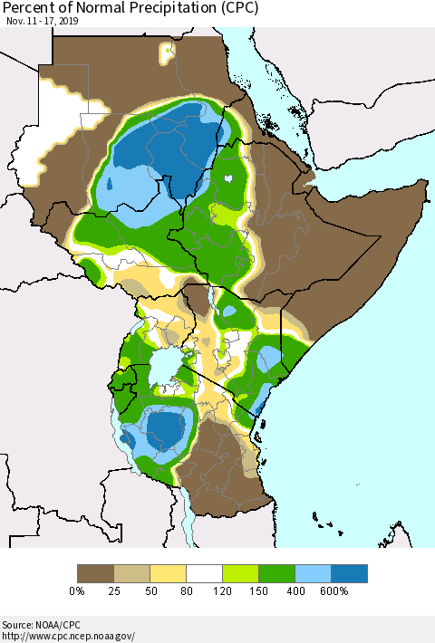 Eastern Africa Percent of Normal Precipitation (CPC) Thematic Map For 11/11/2019 - 11/17/2019