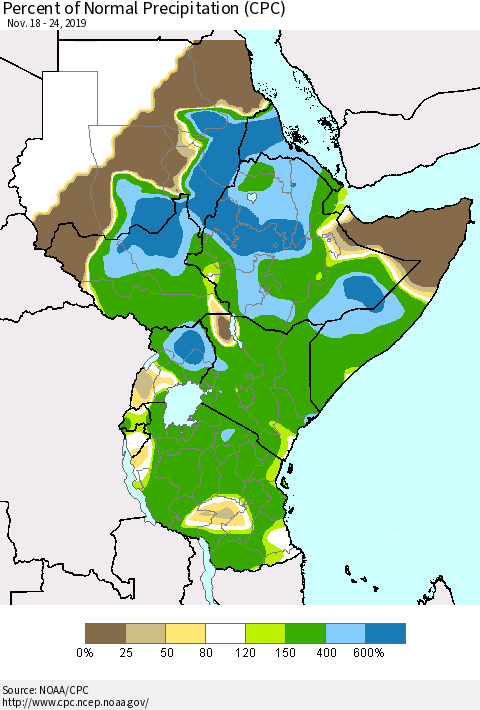 Eastern Africa Percent of Normal Precipitation (CPC) Thematic Map For 11/18/2019 - 11/24/2019