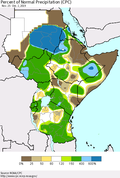 Eastern Africa Percent of Normal Precipitation (CPC) Thematic Map For 11/25/2019 - 12/1/2019