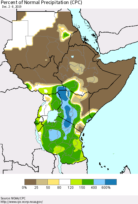 Eastern Africa Percent of Normal Precipitation (CPC) Thematic Map For 12/2/2019 - 12/8/2019