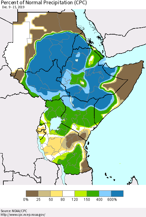 Eastern Africa Percent of Normal Precipitation (CPC) Thematic Map For 12/9/2019 - 12/15/2019