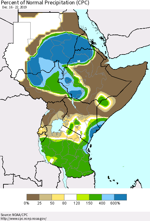 Eastern Africa Percent of Normal Precipitation (CPC) Thematic Map For 12/16/2019 - 12/22/2019