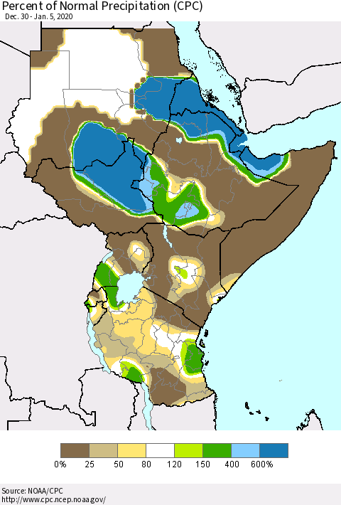 Eastern Africa Percent of Normal Precipitation (CPC) Thematic Map For 12/30/2019 - 1/5/2020