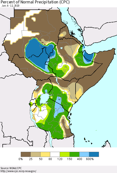 Eastern Africa Percent of Normal Precipitation (CPC) Thematic Map For 1/6/2020 - 1/12/2020