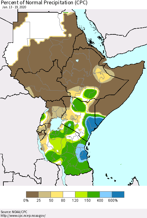 Eastern Africa Percent of Normal Precipitation (CPC) Thematic Map For 1/13/2020 - 1/19/2020
